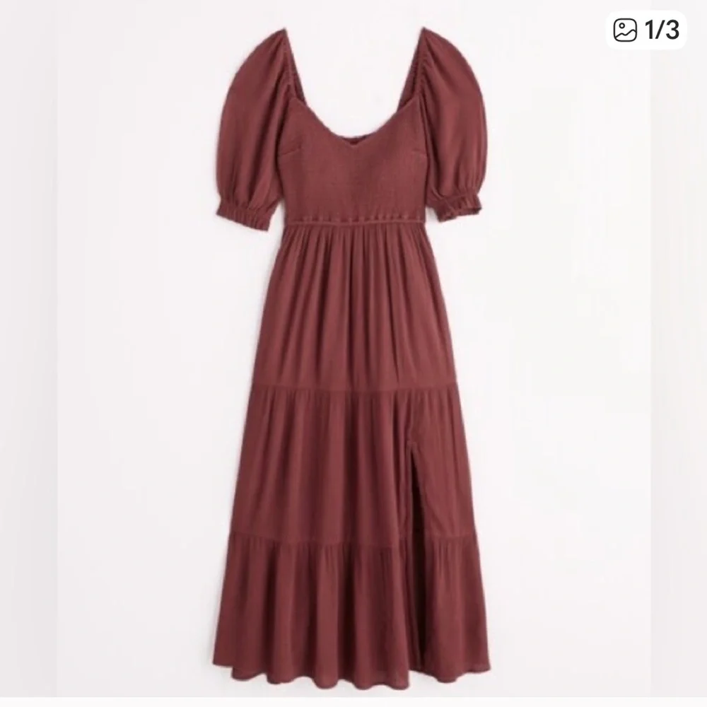 Abercrombie&Fitch Smock Front Puff Sleeve Tiered RuffleHem Burgundy Maxi Dress,S
